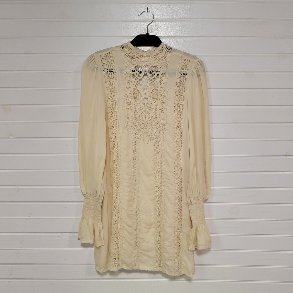 Free People One Cream Lace Victorian Mini Dress Long Balloon Bell Sleeve XS Boho